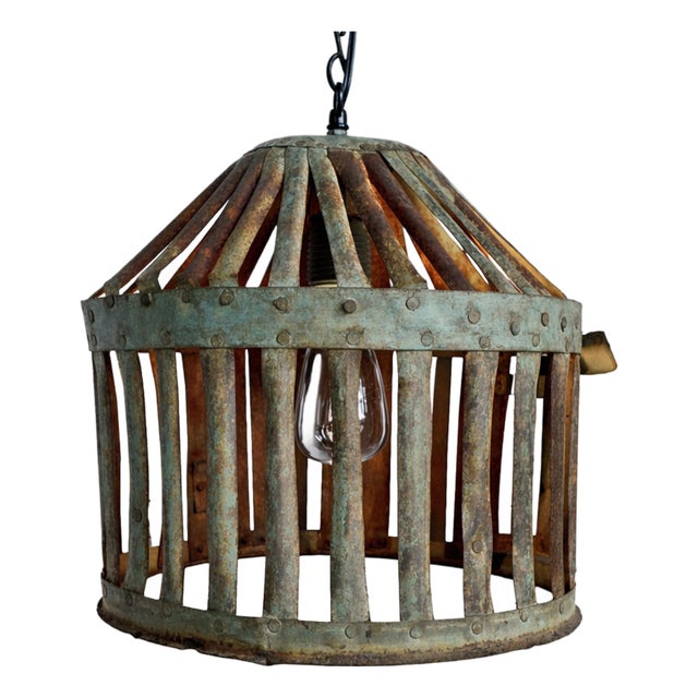 Vintage Farmhouse Industrial Iron Basket Cage Pendant Light For Sale