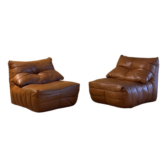 Cognac Leather Panto Lounge Chairs by Marc Held for Dunlopillo, 1970s, Set of 2 For Sale