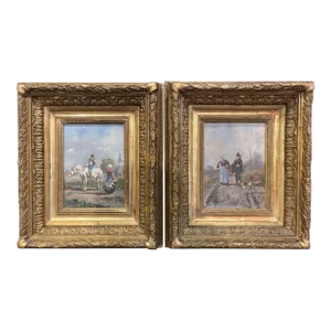 Pair of 19th Century French Signed Pastoral Paintings in Carved Giltwood Frames