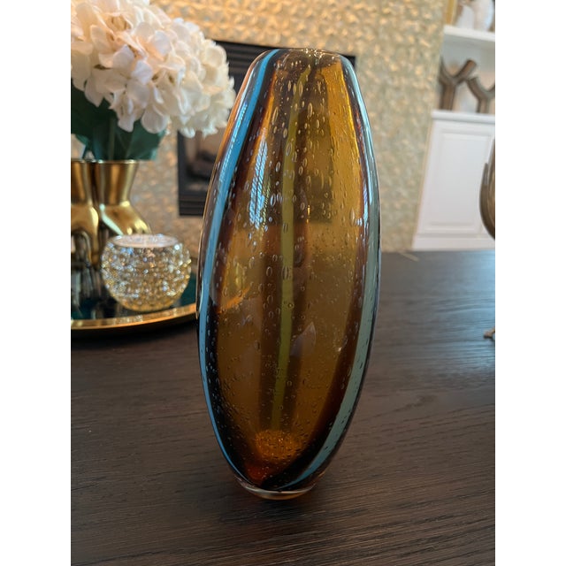 Gold Blue Glass Vase 10.5” tall 4” wide