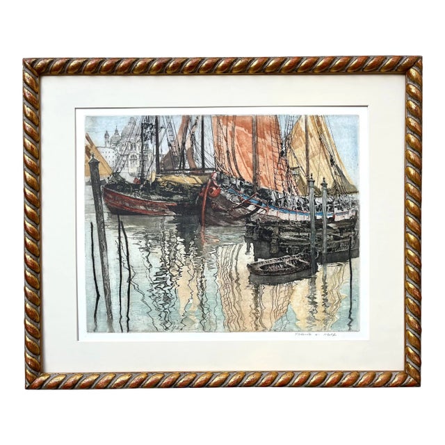 イタリア製 ゴルフ アート ART 2点 蚤の市 ヴィンテージ Italy Vintage Color Etching Venice Italy Sail Boats Gondolas St