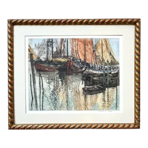 Vintage Color Etching Venice Italy Sail Boats Gondolas St Mark's Basilica by Franz Xavier Wolf