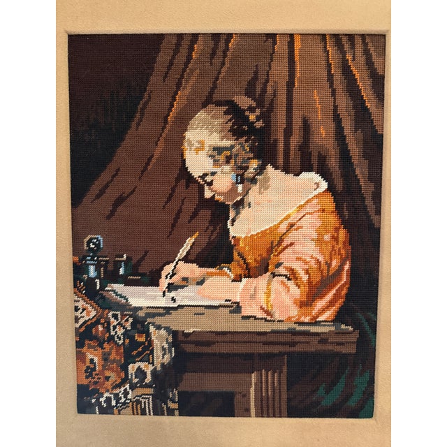 A masterfully executed needlepoint interpretation of Gerard ter Borch's iconic 1655 painting "Woman Writing a Letter" —...