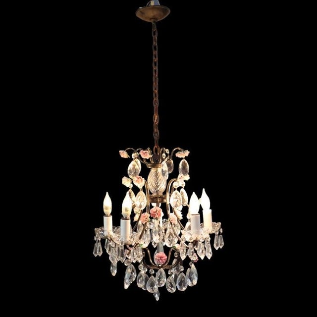 Vintage Crystal, Glass & Ebonized Iron 5-Light Chandelier With Porcelain Flowers For Sale - Image 9 of 11