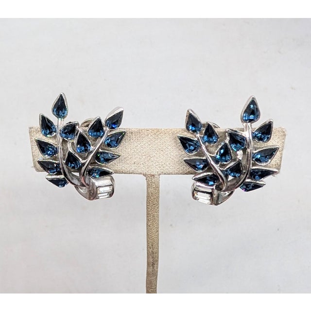 1950s Vintage Signed Crown Trifari Faux-Sapphire Leaf Clip Earrings- 2 Pieces For Sale - Image 5 of 8