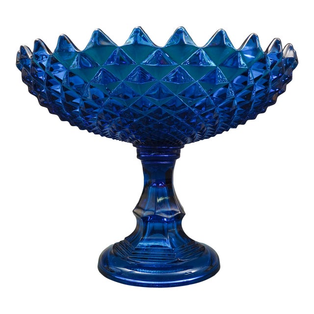 Mid 20th Century Westmoreland Blue Sawtooth Diamond Point Glass Footed Pedestal Compote Bowl For Sale