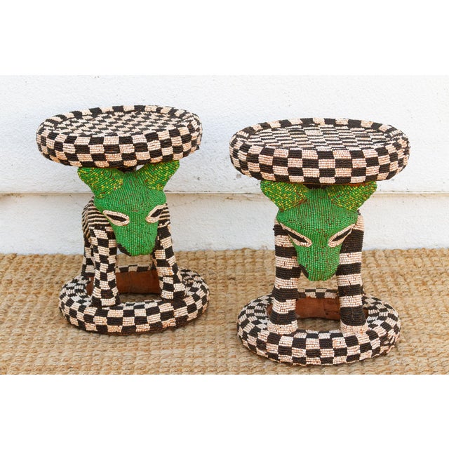 Pair of Vintage Beaded Bamileke Leopard Stools For Sale - Image 4 of 10