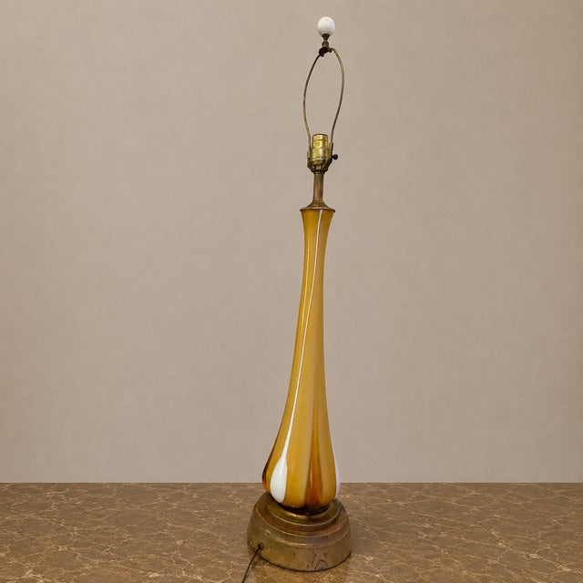 Mid 20th Century Vintage Mid-Century Murano Style Handblown Amber & White Art Glass Table Lamp With Brass Base For Sale - Image 5 of 13