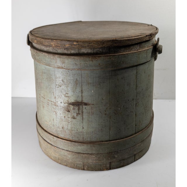 19th Century Rustic Primitive Farmhouse Grey Green Painted Firkin Bucket For Sale In New York - Image 6 of 15
