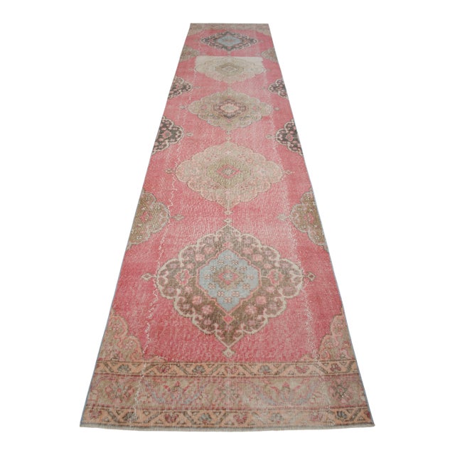 3x12 Vintage Oushak Runner Rug Coral Pink Hallway Runner Authentic Turkish Rug For Sale