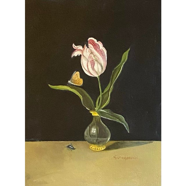 Original oil painting on canvas laid down on conservation board of a still life tulip in a vase after Balthazar van der...