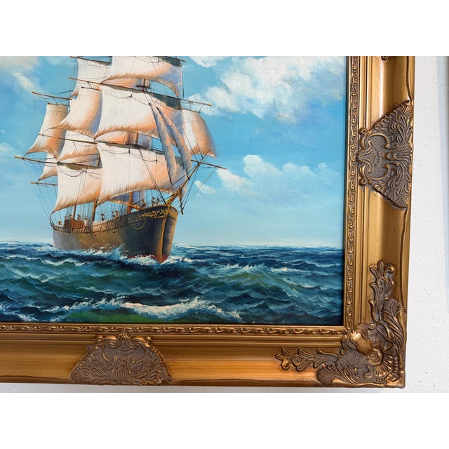 Sailing Ship Oil Painting Seascape Nautical Wall Art Framed Ocean Artwork For Sale In Jacksonville, FL - Image 6 of 9
