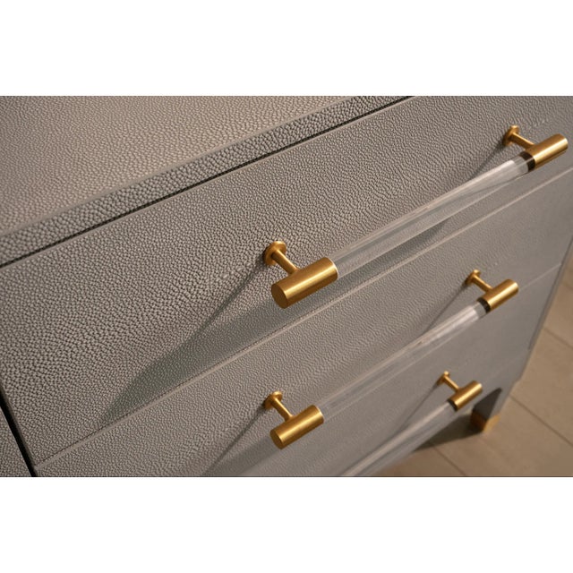 Matthew Izzo Home Amber Light Gray Shagreen Three Drawer Side Table With Acrylic and Antique Brass Drawer Pulls For Sale In New York - Image 6 of 7