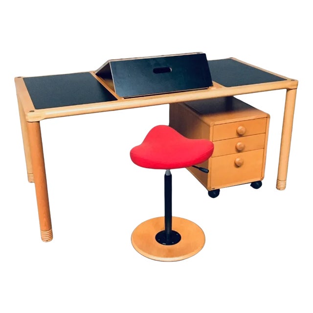 Scandinavian Ergonomic Design Writing Desk and Stool from Stokke, 1980s, Set of 3 For Sale