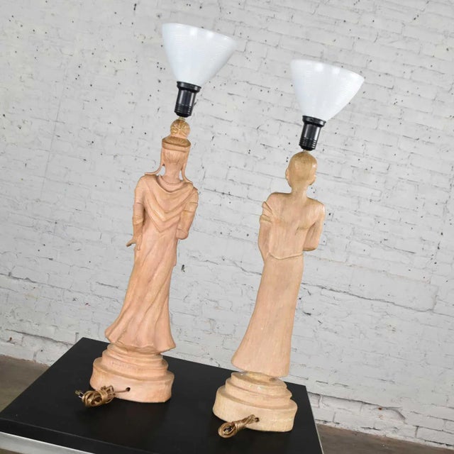 Vintage Hollywood Regency Asian Figural Lamps Style of James Mont W/ Black Tapered Shades - a Pair For Sale - Image 6 of 13