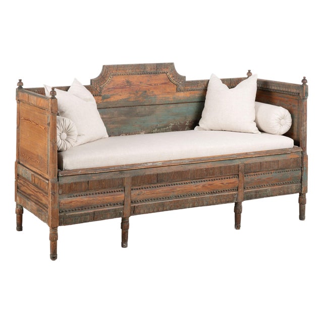 19th Century Swedish Gustavian Original Teal Blue Painted Pine Bench For Sale