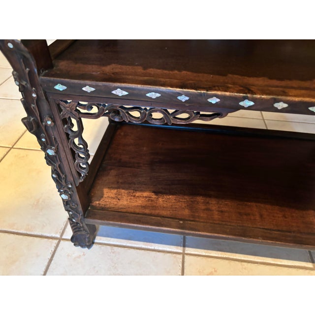 Antique Chinese Black Lacquer & Mother-of-Pearl Marble Top Tiered Table Late 19th Century | Qing Dynasty Influence For Sale - Image 6 of 12