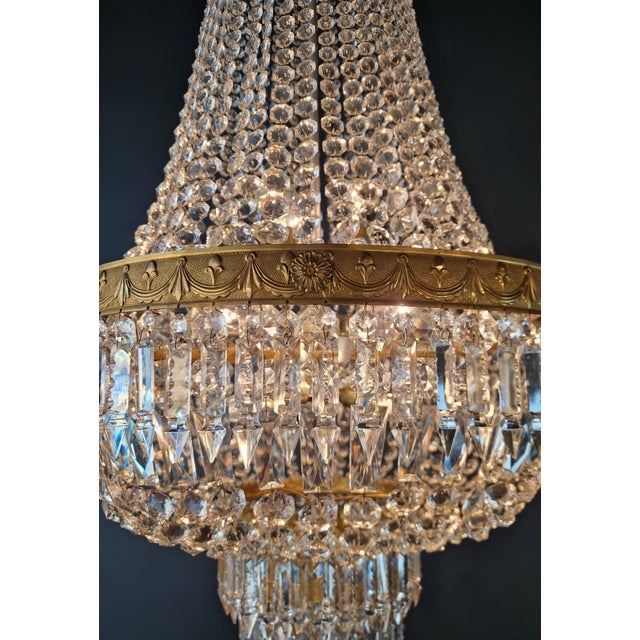 Metal 1920s Large Crystal Chandelier Empire Style Monumental Salon Chandelier Restored For Sale - Image 7 of 11