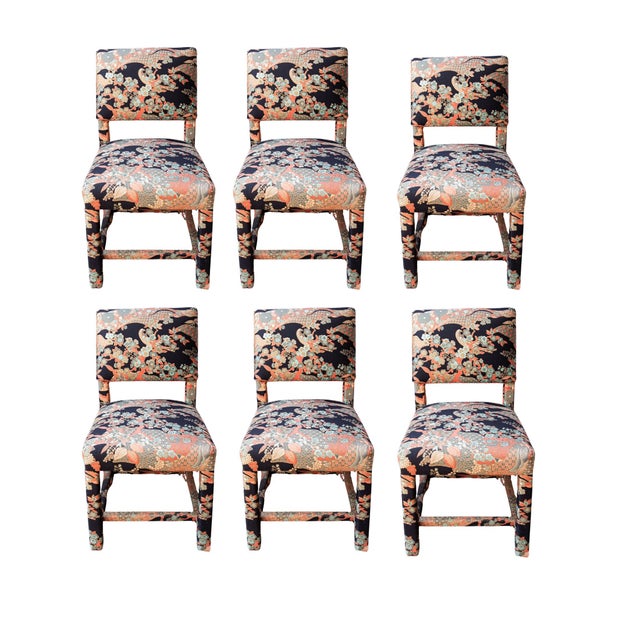 Mid-Century Parsons Dining Chairs, Upholstered in Vintage Japanese Designer Textile, Milo Baughman Style, Set of 6 For Sale