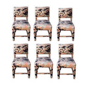 Mid-Century Parsons Dining Chairs, Upholstered in Vintage Japanese Designer Textile, Milo Baughman Style, Set of 6