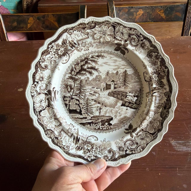 Antique Brown Transferware Staffordshire Plate, "Baker's Falls, Hudson River" For Sale - Image 12 of 14