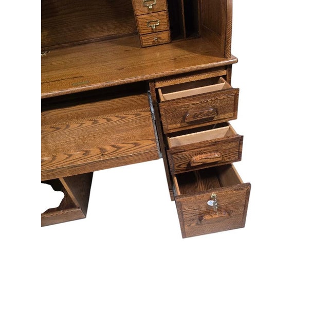 Late 20th Century Late 20th Century Winners Only Solid Oak Roll Top Executive Desk With Keys For Sale - Image 5 of 11