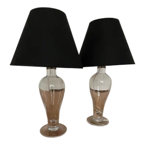 Pair Simon Pearce Hand Blown Addison Glass Lamps With Black Shades, Discontinued