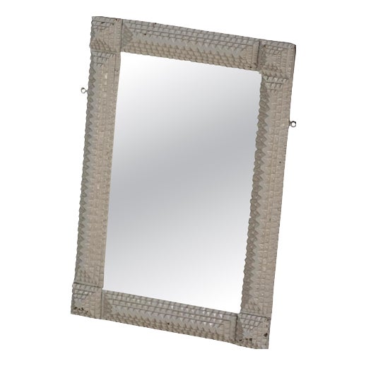 Hand-Carved Tramp Art Style Wall Mirror with White Painted Frame, Early 1900s For Sale