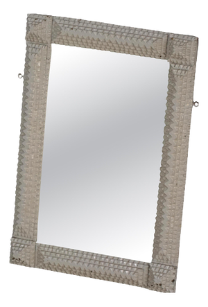 Hand-Carved Tramp Art Style Wall Mirror with White Painted Frame, Early 1900s