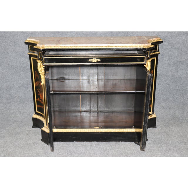 19th C. Ebonized Chinoiserie and Bronze Ormolu Mounted Marble Top Cabinet For Sale - Image 4 of 17
