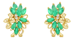 Emerald Cluster Floral Earrings 14k Yellow Gold, 2 Pieces