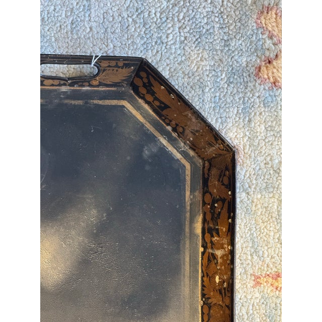Antique Octagonal Black Lacquer and Gold Tole Tray For Sale - Image 4 of 6