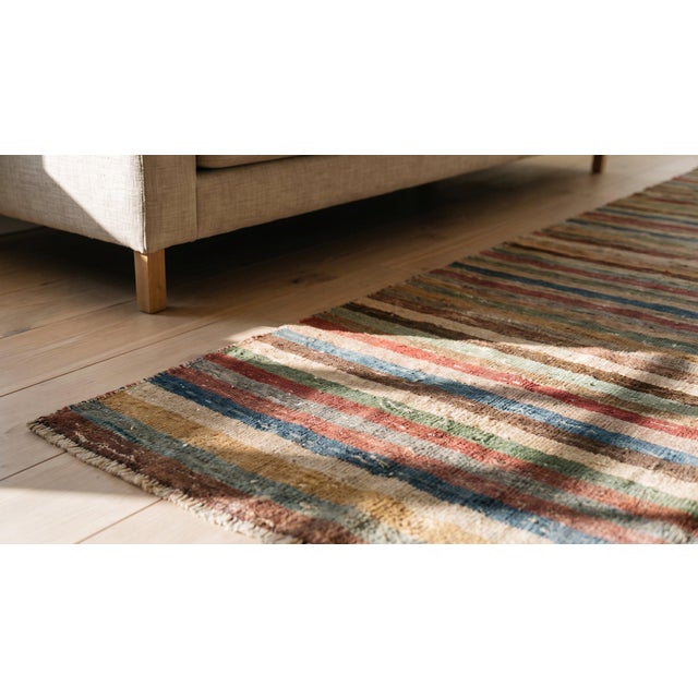 Textile 1930s Multicolor Stripe Geometric Antique American Hooked Rug 5'5" X 8'7" Hand Knotted Wool Carpet For Sale - Image 7 of 9