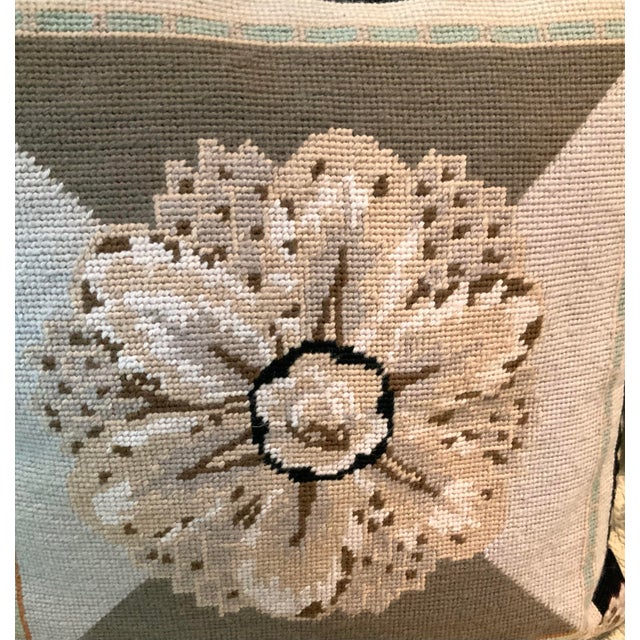 Mid 20th Century Pair of Vintage Wool Needlepoint Pillows W/Black Velvet Backs & Down Inserts — 17.5” Square for Cottage Core, Grandmillennial & Traditional. See Pics! For Sale - Image 5 of 8
