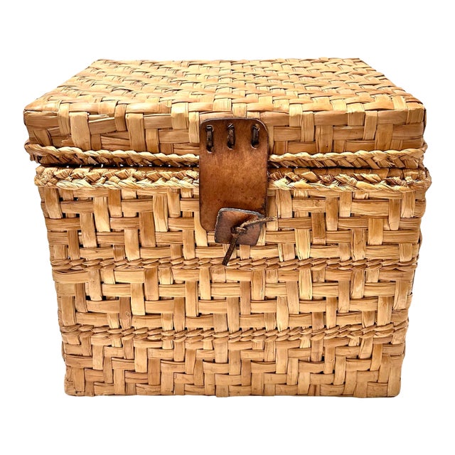 Vintage Woven Rattan Storage Box With Leather Closures | Lidded File Box, Custom Designer Fabric Lined Interior, Boho Coastal Decor For Sale
