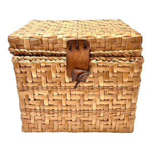 Vintage Woven Rattan Storage Box With Leather Closures | Lidded File Box, Custom Designer Fabric Lined Interior, Boho Coastal Decor