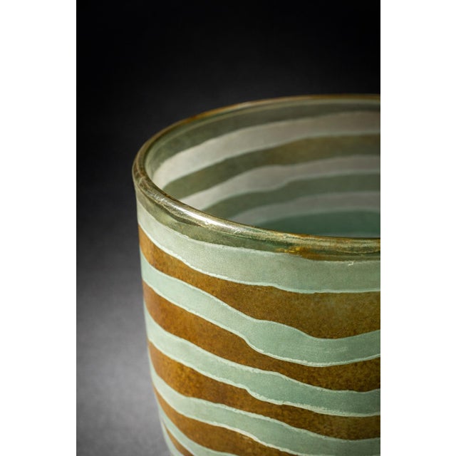 Mid-Century Modern Vintage Hand-Blown Art Glass Vase With Seafoam Green Satin Stripes and Amber Ground – Modern Studio Glass Vessel For Sale - Image 3 of 8