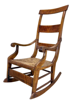 Early 19th Century American Primitive Tiger Maple and Rush Rocking Chair