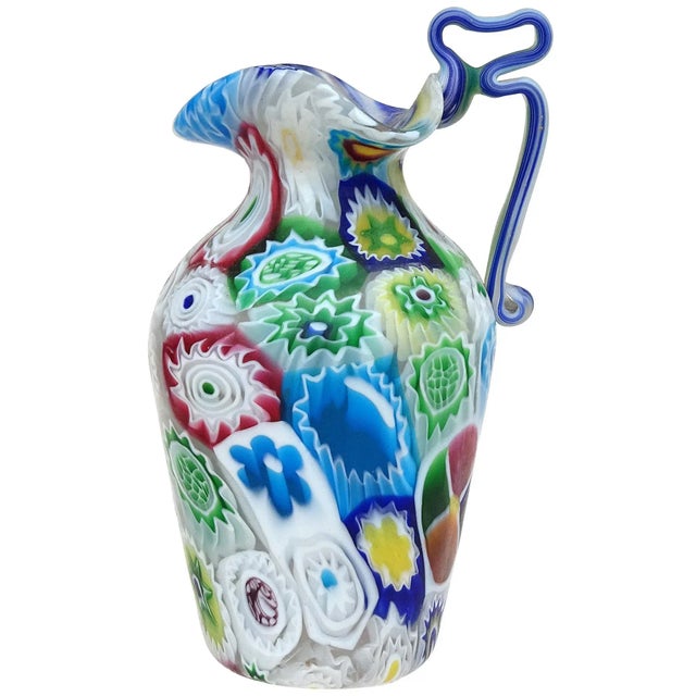 Blue Fratelli Toso Murano Antique Early Millefiori Flowers Mosaic Italian Art Glass Ornate Handle Cabinet Vase For Sale - Image 8 of 8