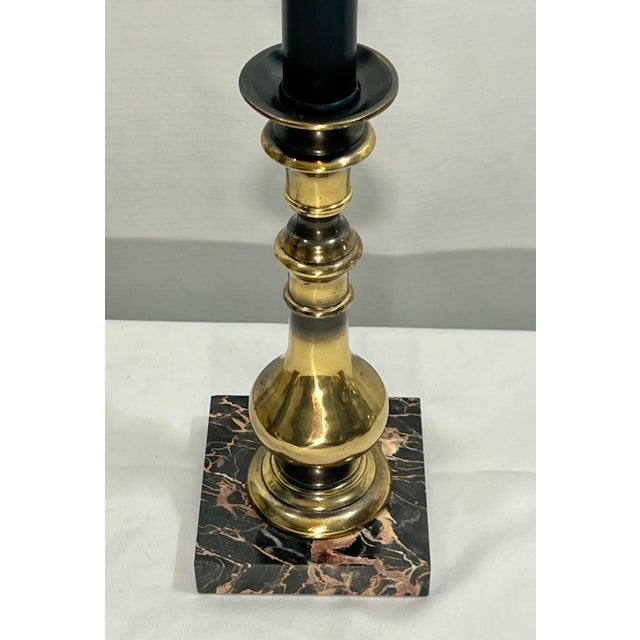 Hollywood Regency Frederick Cooper Style Brass Candlestick Table Lamp on Marble Base With Shade For Sale - Image 3 of 8