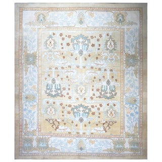21st Century Turkish Donegal Master Wool & Hemp 12X14 Tan, Ivory, Blue & Rust Handmade Area Rug #1140669 For Sale