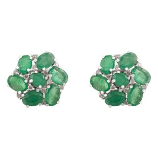 Modern Emerald & Diamond Cluster Earrings in Silver- 2 Pieces by Caratandher For Sale