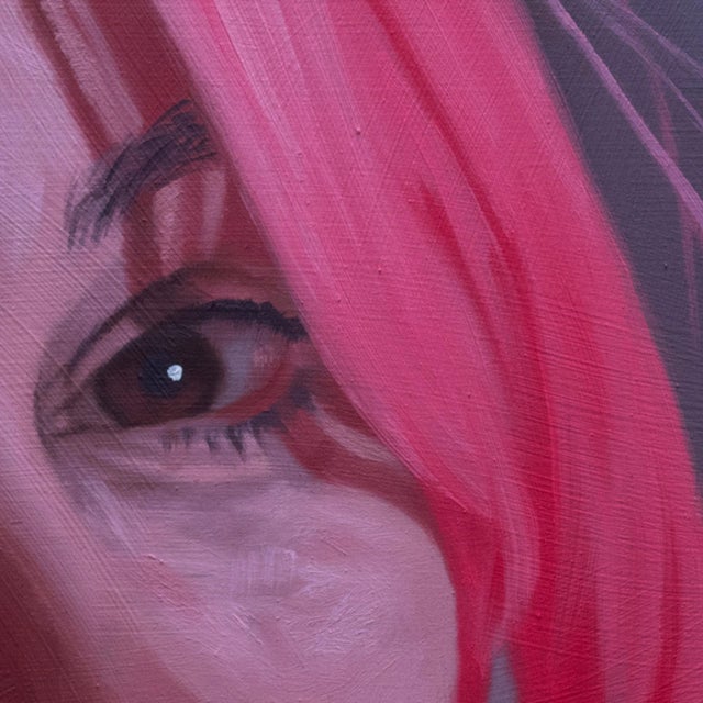 Gone Fey by Shaina Craft | Oil on wood panel Portrait of a person with pink hair and an expressive gaze. For Sale