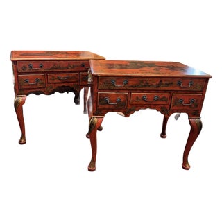 Pair of Vintage Chelsea House Red Chinoiserie Side Tables For Sale