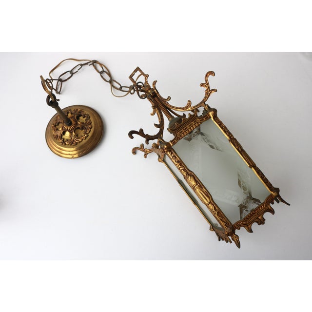 Antique Japanese Style Brass and Etched Glass Hanging Lantern, Early 20th Century For Sale - Image 3 of 18