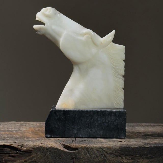Antique Large Italian Art Deco Hand Carved Alabaster Horse Head Bookends For Sale In Philadelphia - Image 6 of 12