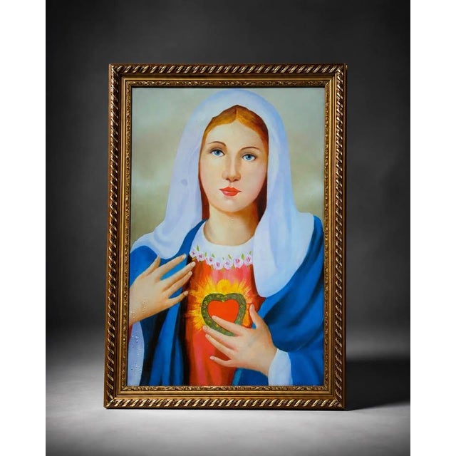 Mid-Century Modern Framed Devotional Sacred Heart Wall Art in Gold Frame For Sale - Image 3 of 4