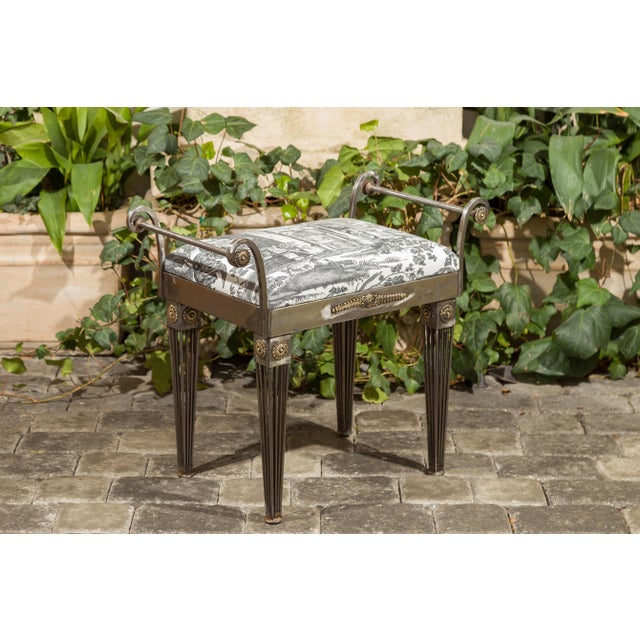 Metal French 1930s Steel Bench with Out-Scrolling Arms, Tapered Legs and Toile Fabric For Sale - Image 7 of 12