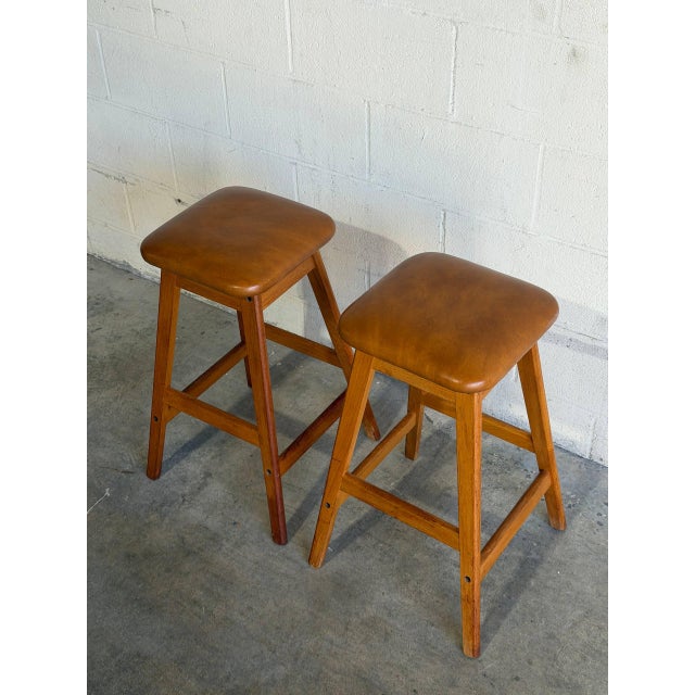Mid-Century Modern Vamdrup Stolefabrik Teak and Leather Bar Stools Set of 2 Danish Mid-Century Modern 1970s For Sale - Image 3 of 10