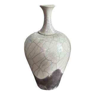 Large Signed Kerry Gonzalez Raku Pottery Vase With Crackle & Smoke Glaze, 22" For Sale
